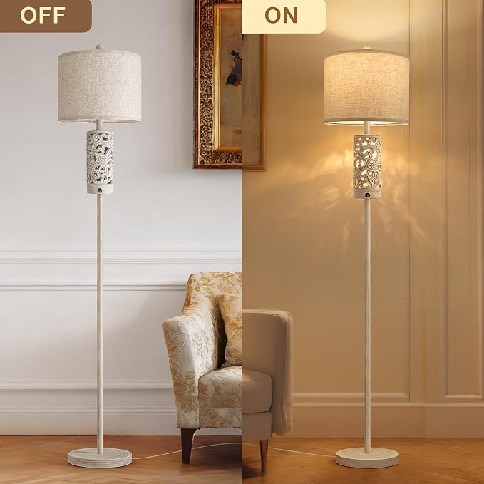 OYEARS 65“ Farmhouse Floor Lamp for Living Room, Rustic Floor Lamp with Main&Night Light,Linen Shade&Dual Switches, Standing Lamp for Bedroom Office Corner Dining Room, Wood Pole Lamp