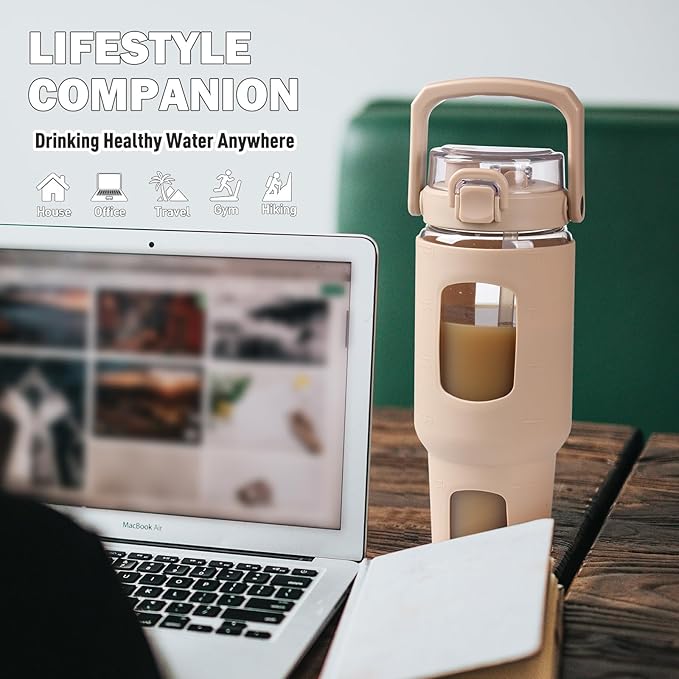 BLUEGO 40oz Glass Tumbler with Lid and Straw, Glass Water Bottles with Handle, Glass Cup with Time Marker and Silicone Sleeve, Fits Most Cup Holder, Leak-proof, Amber
