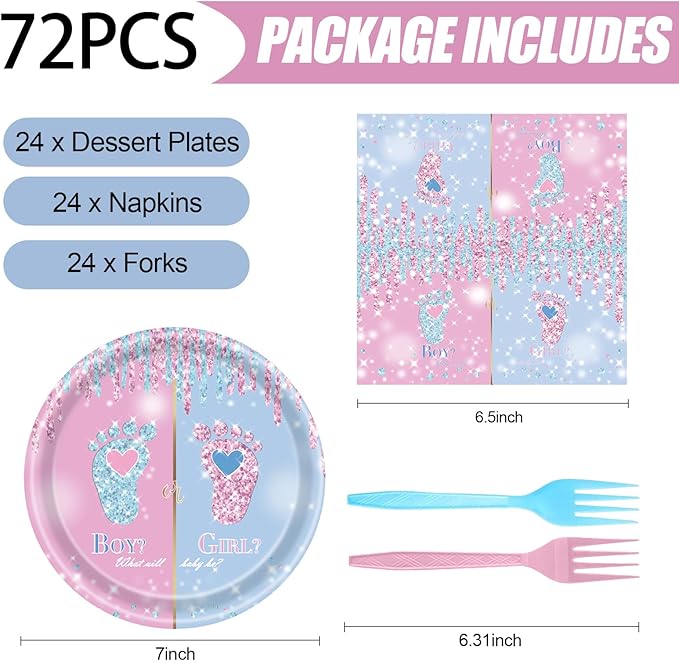 72 Pcs Gender Reveal Paper Plates and Napkins, Baby Shower Decorations Pink or Blue Gender Reveal Party Plates and Napkins Tableware Set for Boy or Girl Party Serves 24