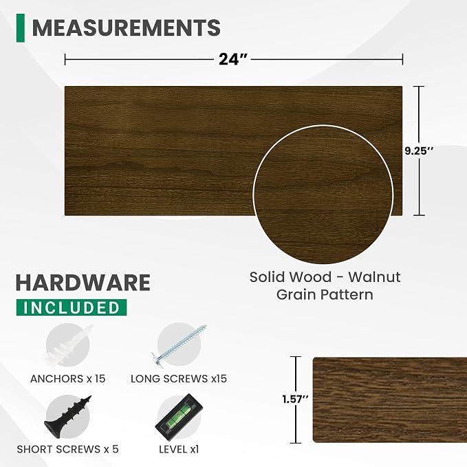 Solid Wood Floating Shelves For Wall, 24”W x 9”D x 1.56”H Large Wall Shelves for Living Room Bedroom Bathroom Kitchen Drcor Storage with Invisible Heavy-Duty Metal Bracket, Light Brown, Set of 2
