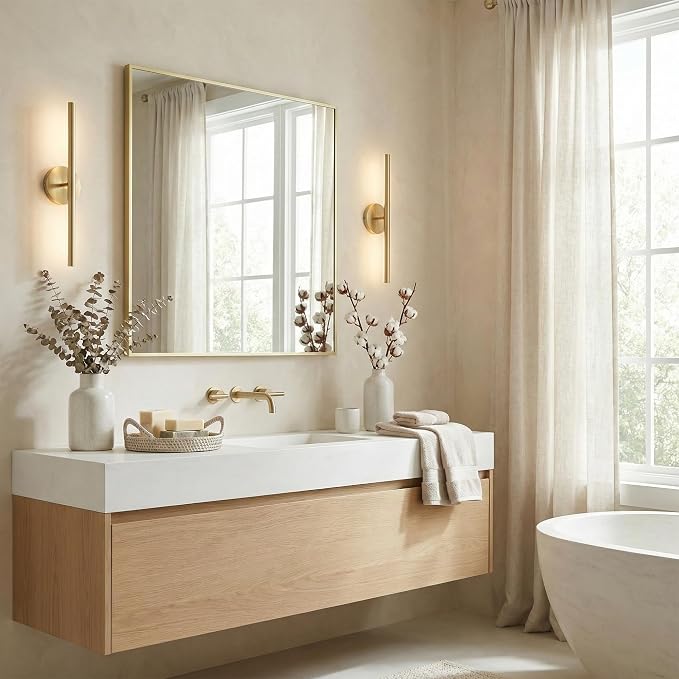 30"x30" Square Gold Bathroom Mirror, Shatterproof Tempered Glass, Brass Tone Geometric Narrow Frame, Ultra-Flush Wall-Mounted