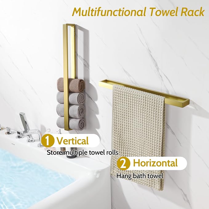 Sayayo Brushed Gold Towel Bar for Bathroom, 24 Inch Hand Towel Holder Wall Mount Square Towel Ring SUS304 Stainless Steel Towel Rack