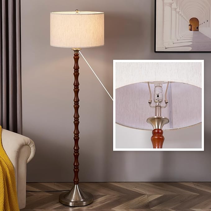 Mid Century Floor Lamp with Linen Drum Shade - Dimmable Tall Standing Lamp, Rustic Wooden Retro Lamp for Living Room Bedroom Office Corner, Walnut Brown, Adjustable Stepless Dimming
