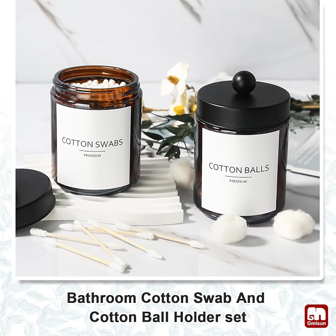 GMISUN Bathroom Accessories Set, 5 Pack Amber Glass Bath Accessory Sets Complete, Brown Soap Dispenser and Toothbrush Holder Bathroom Counter Sink Set with Labels, Rustic Modern Vintage Bathroom Decor