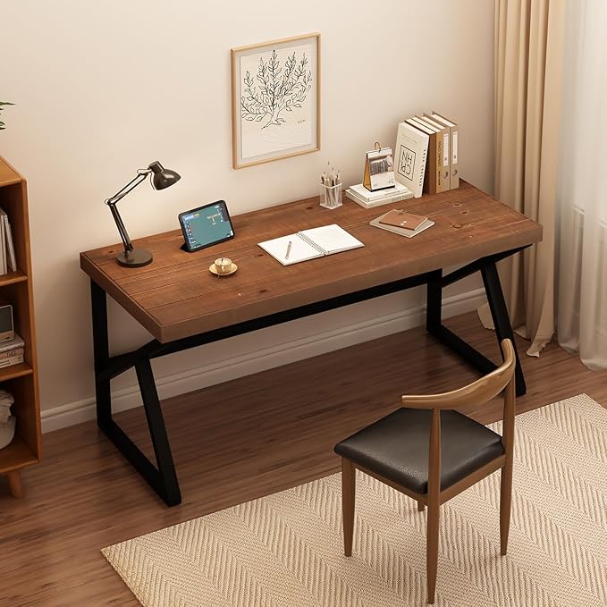 IBF Solid Real Wood 55 Inch Computer Desk, Rustic Writing Study Table for Student, Natural Wooden and Metal Gaming Home Office Desk, Farmhouse Industrial Modern Executive Work Desk Workstation, Brown