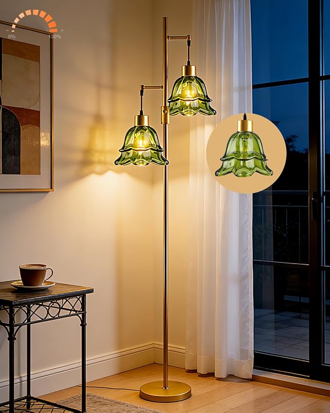 Lightdot 65IN Gold Flower Floor Lamp for Living Room, 2- Light Dimmable Floor Lamps with Green Glass Lampshade, 3000K Warm White Modern Standing Tall Lamp with 5Lbs Heavy Base for Bedroom Sofa Beside