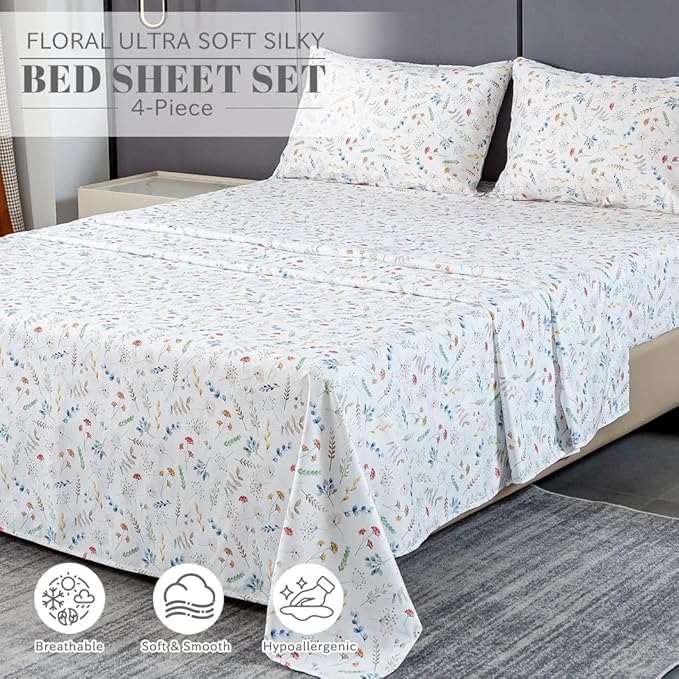 Bedlifes King Sheet Set Ultra Soft, Breathable, Silky Flower Deep Pocket 100% Microfiber Bedding, 4 Piece King Size White Floral
