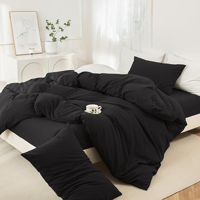 JIYUAN 100% Washed Cotton Duvet Cover Set 3 Pieces King, 1 Duvet Cover 104x90 Inches(Comforter Not Included) and 2 Pillowcases,Linen Feel Bedding Set Comfy and Breathable,Black