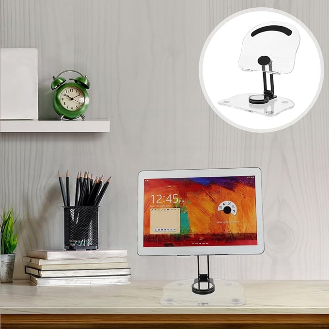 VERDANVERSE Adjustable Acrylic Folding Tablet and Phone Stand for Desk, 360° Rotatable Holder Compatible with Ipad and Laptop, Black, Suitable for Home and Office Use