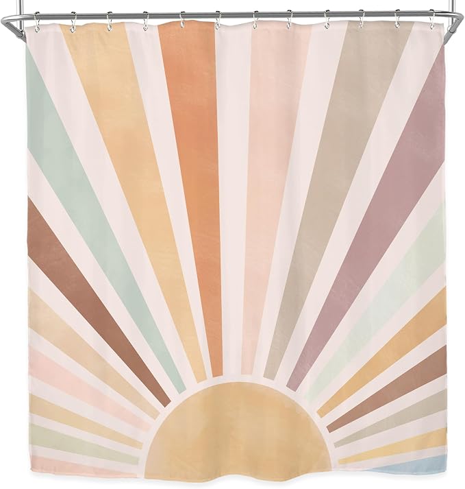 Miyotaa Sun Rainbow Retro Shower Curtain Set 71Wx71H Inches Minimalist Art Colorful Pastel Girls Abstract Colorful Aesthetic Vintage Polyester Waterproof Bathroom Curtain with 12 Hooks