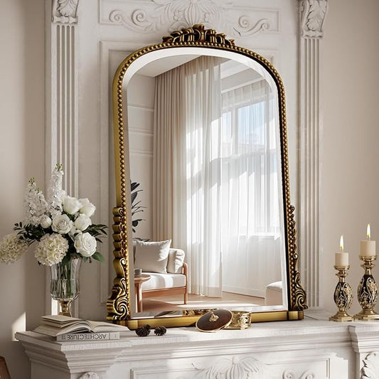 24"×32" Gold Wide Arched Wall Mirror, Vintage Carving Bathroom Vanity Makeup Mirror, as Wall Decor Hanging Leaning for Fireplace Mantle, Living Room, Bedroom, Vanity Area