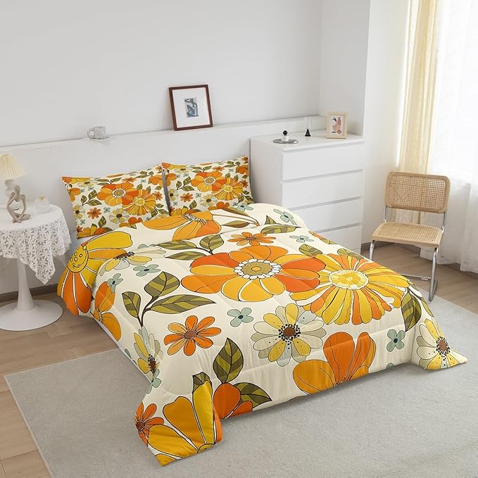 Castle Fairy Retro Flowers Comforter Set Twin Size,Watercolor Yellow Floral Green Leaves Plant Quilt Set for Kids Boys Bedroom Collection,70s Trippy Daisy Polyester Bedding with 1 Pillowcase,2Pcs
