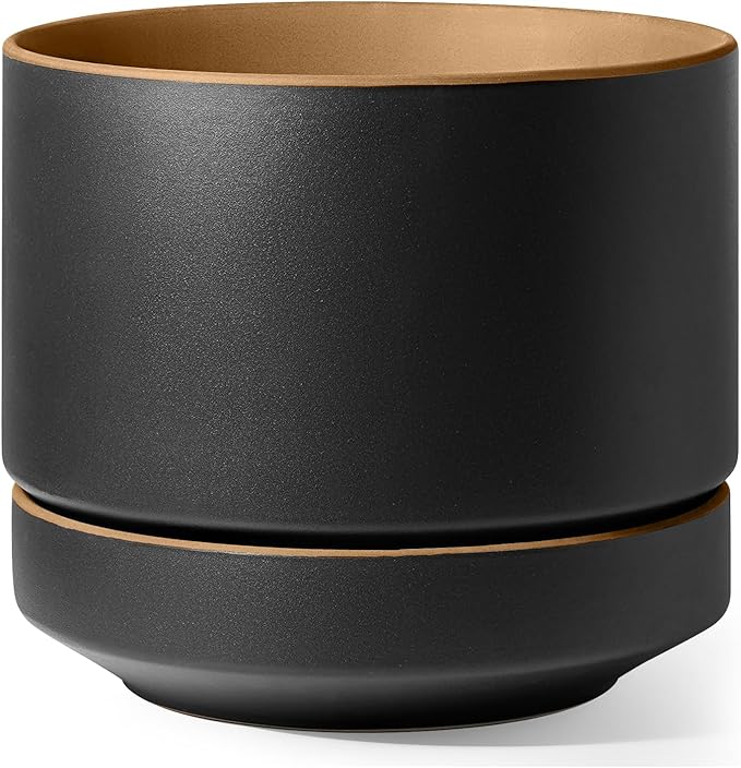LE TAUCI 12 Inch Pot for Plants with Saucer, Ceramic Indoor Planter Pot with Drainage Hole, Mesh Pad & Plug Included, Matte Glazed Outside, Modern for Home and Office, Obsidian Black & Ochre