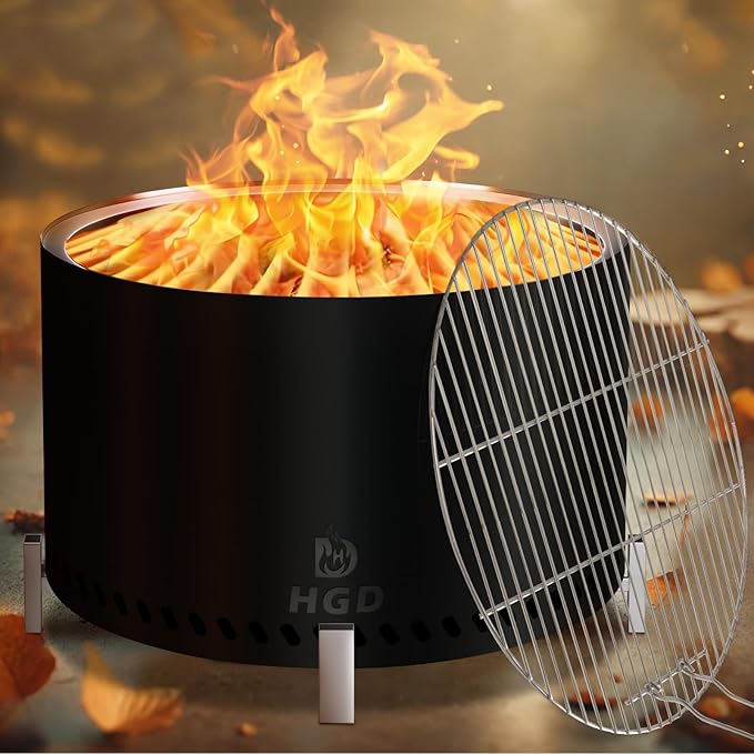 HGD 28" Smokeless Firepit with Stand & Grill Rack, Stainless Steel Wood Burning Fire Pit for Friends & Family Gatherings, Secondary Combustion Outdoor Patio Stove for Garden BBQ & Bonfire (Black)