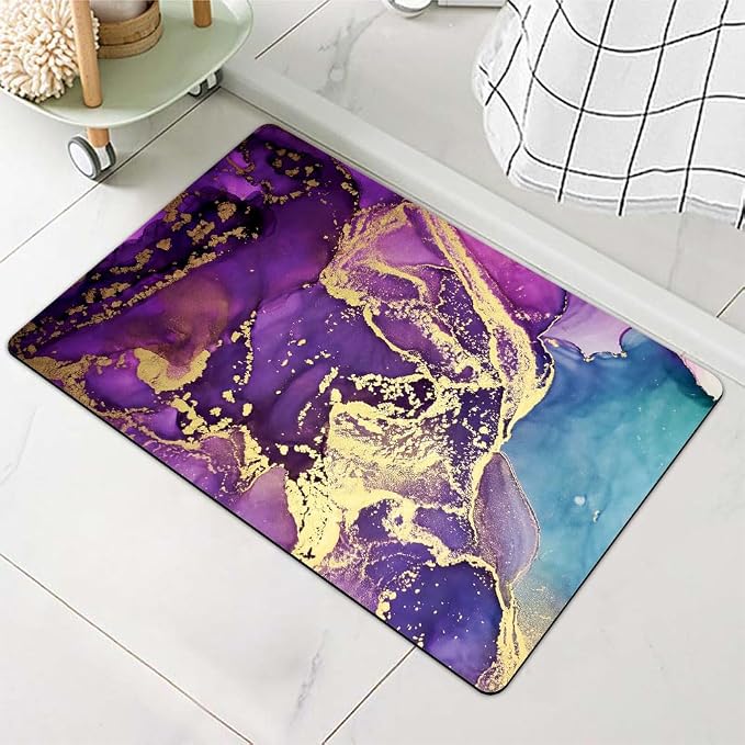Diatomaceous Earth Bath Mat,Purple, Gold and Blue Marble Non-Slip Volume Super Absorbent Fast Drying for Bathroom Kitchen Door mat,Eco-Friendly Easy to Clean 20×31Inch (50 * 80cm)