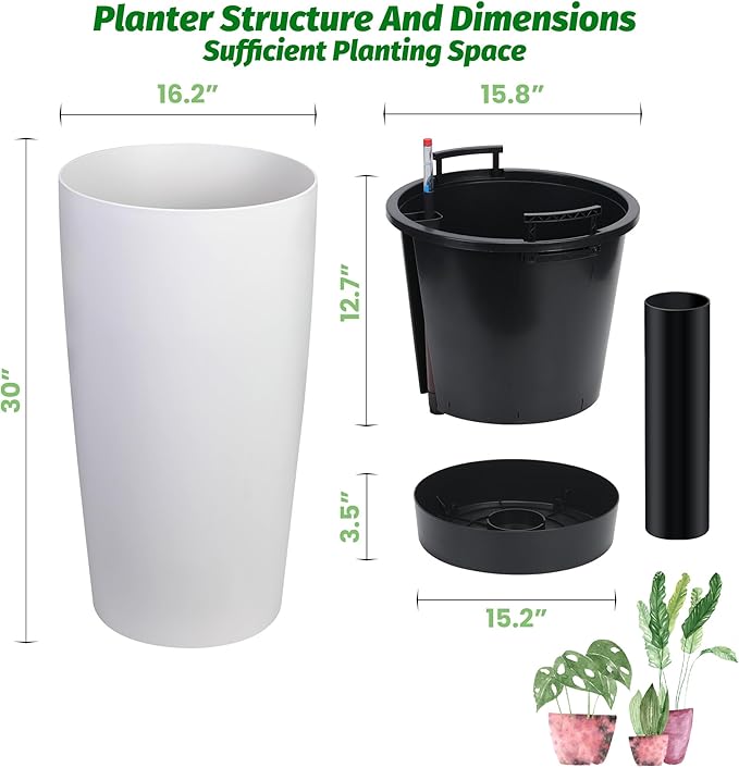 GarveeLife 30 in Tall Planters for Outdoor Plants Set of 2, Large Outdoor Planters for Front Porch Decor with Drainage Holes＆Water Level Monitor ＆Inner Bucket, Automatic Watering, White