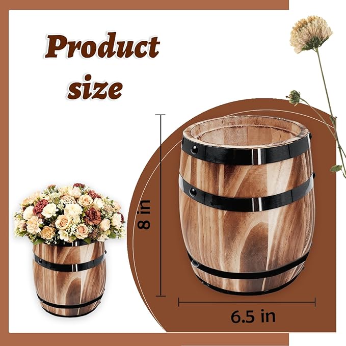 Sunmuliiiy1Pcs Wood Wine Barrel Vase 8" x 6.5" Rustic Wooden Flower Vase Rustic Barrel Barrel Planter for Wedding Reception Table Decoration Home Indoor Outdoor Garden, Kitchen, Party Table Decoration