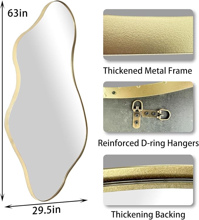 Large Irregular Wall Mirror, 63"x29.2" Asymmetrical Full Length Mirror with Gold Metal Frame, Organic Shaped Mirrors for Living Room Bedroom Hallway Entryway, Horizontal or Vertical Hanging