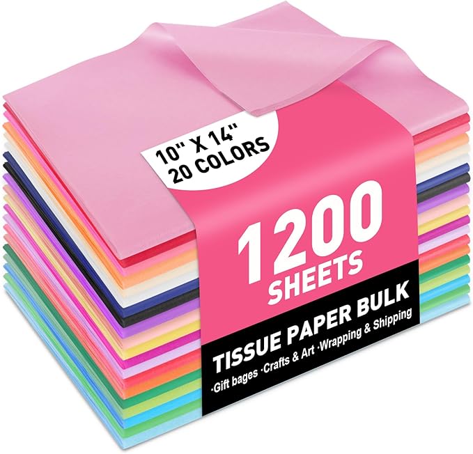 1200 Sheets Tissue Paper, 20 Colors 10" X 14" Tissue Papers for Gift Bags Birthday Party Flower Decoration, Colored Tissue Paper Bulk for Packaging