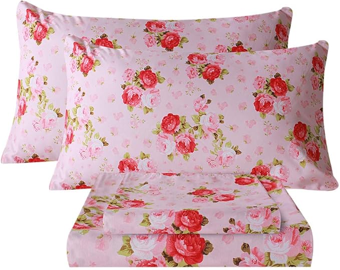 Bedlifes Queen Size Extra Deep Pocket Sheet Sets - Fits Mattresses Up to 18-24" Thick, 4-Piece Microfiber Set with 1800 Thread Count, Soft, Smooth, Breathable, Featuring Pink Floral Red Rose