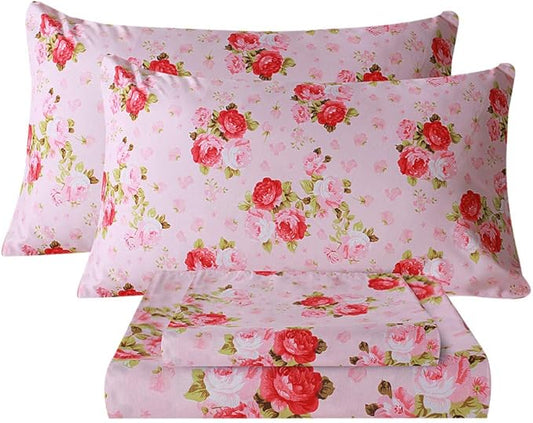 Bedlifes Twin Sheet Set Ultra Soft, Breathable, Silky Flower Deep Pocket 100% Microfiber Bedding, 3 Piece Twin Size Pink Floral(Red Rose)