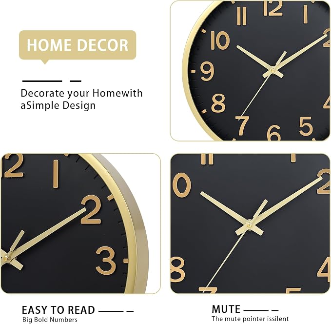 Wall Clocks Battery Operated 10 inch Modern Wall Clock,Silent Non Ticking Wall Clock for Living Room Bedroom Kitchen Office Classroom Decor (Black Gold)