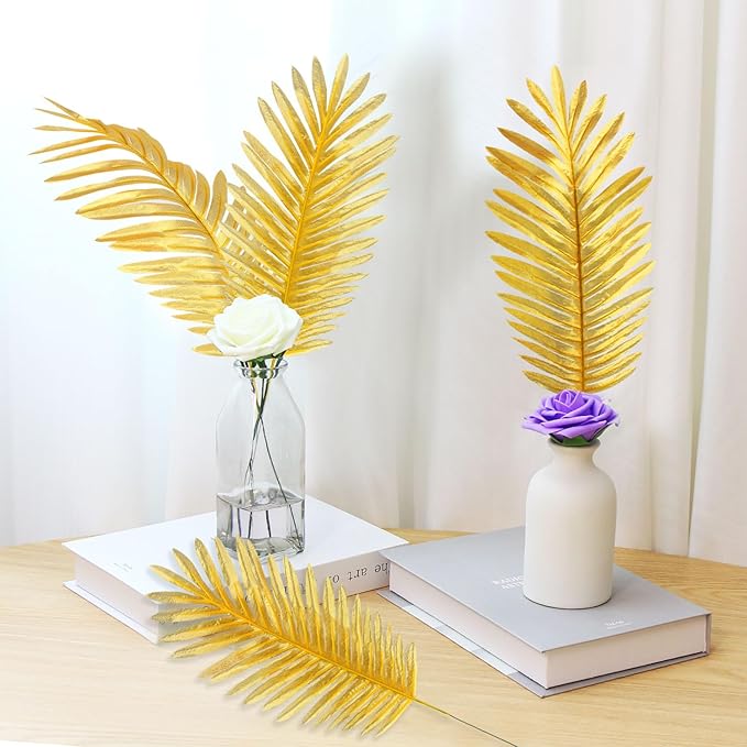 CCINEE 16 PCS Artificial Palm Leaves, Golden Faux Large Palm Fronds Fake Tropical Plant Simulation Safari Leaves with Stems for Home Hawaiian Luau Party Jungle Beach Theme Party Decoration