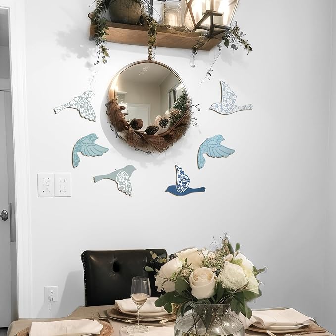 Wesiti 6 Pcs Blue Wooden Bird Wall Decor Scandinavian Wall Art Rustic Farmhouse Flying Bird Decor for Home Living Room Bedroom Decorations