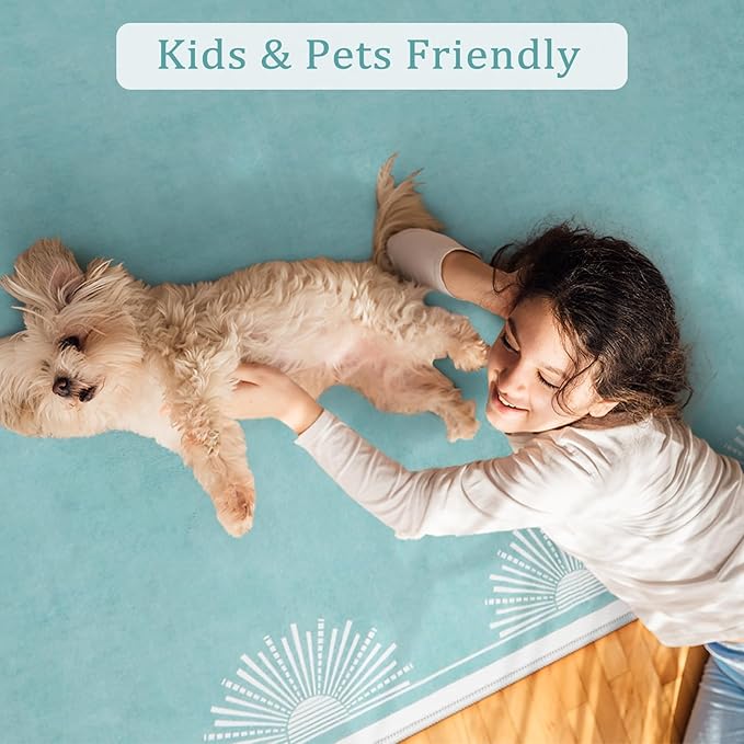 Hedlive Washable 5x7 Nursery Rug, Soft Low Pile Toddler Bedroom Area Rug, Aqua Sun Printed Carpets for Boys Girls Kids Baby Room Playroom Classroom Dorm Living(5'x7',Baby Blue)