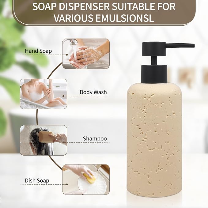 2 PCS Resin Soap Dispensers 11oz, Refillable Luxurious Hand Dish Lotion Shampoo Soap Dispenser Jar with Rust Proof Pump 340ml, Travertine Soap Pump Bottle for Kitchen Bathroom Countertop (Cream)