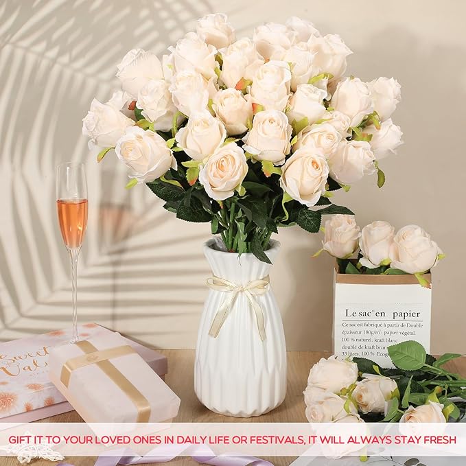 Jexine 50 Pcs Artificial Rose Flower Bulk Realistic Silk Fake Roses with Long Stem Plastic Artificial Flower Bouquet Real Looking for Home Wedding Centerpieces Party Decoration(Beige Champagne)