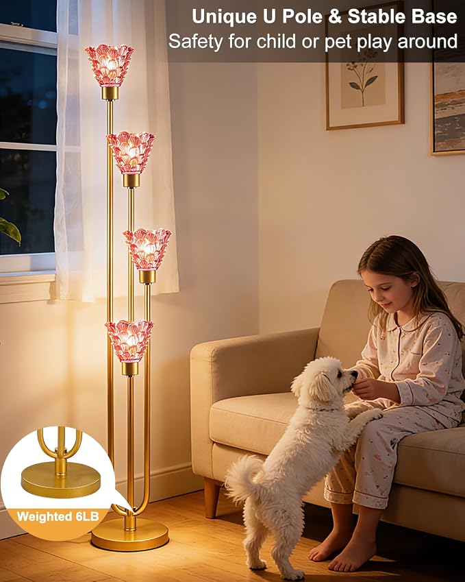 Lightdot Glass Floor Lamp Dimmable 4-Lights Gold with Deep Red Glass Shade 3000K Bulbs Included Mid Century Modern Standing Tall Lamp with 5Lbs Heavy Base for Living Room/Bedroom/Sofa Beside
