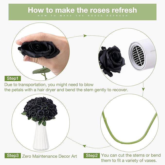 30 Pcs Rose Artificial Flowers in Bulk Real Touch Long Stem Silk Roses Bouquets Realistic Faux Flowers for Wedding Bridal Shower Home Decor Floral Arrangements Table Centerpiece(Black)