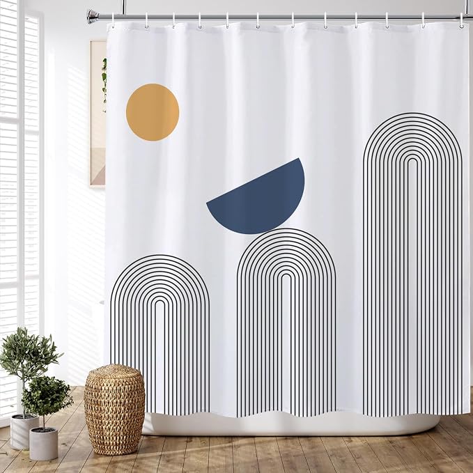 Boho Shower Curtain Mid Century Modern Shower Curtains For Bathroom Black and White Striped Minimalist Abstract Geometric Bohemian Shower Curtain Set Waterproof Fabric Bathroom Curtain 72x72 Inches