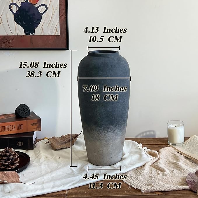 15 Inch Rustic Ceramic Vase, Black Flower Vase for Centerpieces, Farmhouse Decor for Living Room, Entryway & Kitchen, Vintage Pottery Vases for Wedding Gifts