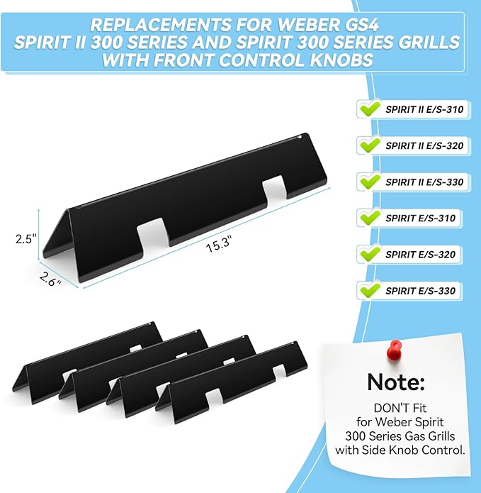 15.3" Flavorizer Bars Replacement for Weber Spirit 300 and GS4 Spirit II 300 Series E310 E320 E330 S310 S320 S330 with Front Control Knobs, Porcelain Enameled Steel Grill Heat Plates for 7636, 5 Pack