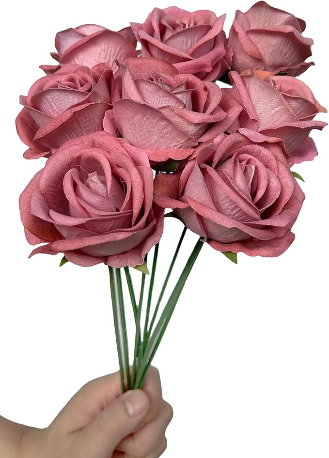 FagusHome 30 Pcs Silk Rose Artificial Flowers Roses Bulk Bouquet Fake Flowers Rose Heads with Stems for Home Wedding Decor (Dark Pink)