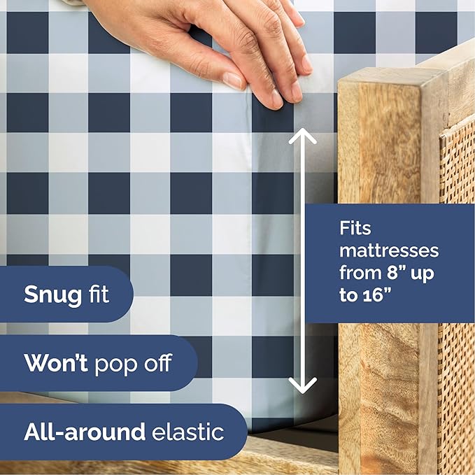 Blue Gingham Bed Sheet Set – 1 Flat & 1 Fitted Sheet & 1 Pillowcase w/ Deep Pockets – Grid, Plaid, Checkered Pattern Bedding - Wrinkle & Fade Resistant - Ultra-Soft, Breathable & Cooling - Twin Size