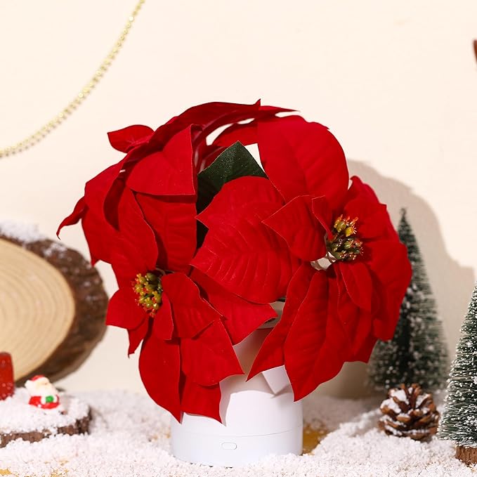 WSYEAR Red Poinsettias Artificial Christmas Flowers Lamp - Holiday Decorations and Ornaments for Xmas, New Year, Wedding Party, Seasonal Decor
