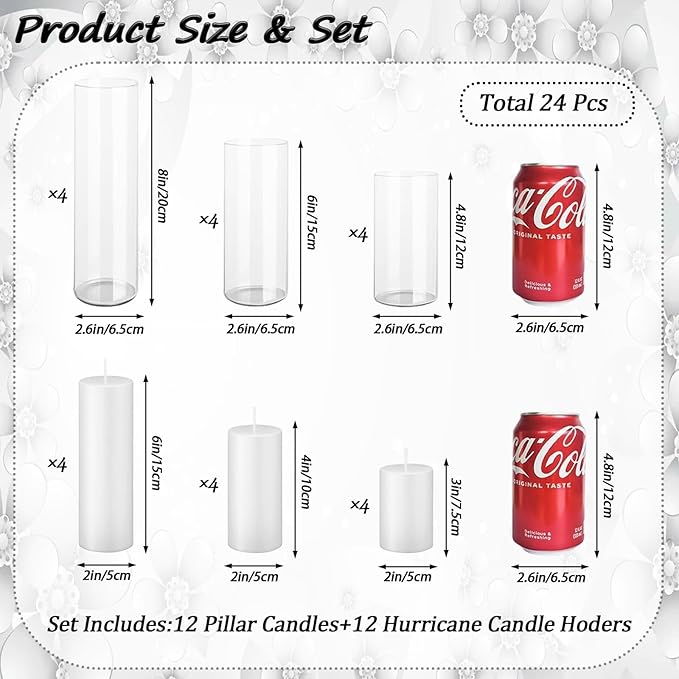 24 PCS White Pillar Candles (2''X3,4,6) and Glass Cylinder Vases(2.6''X5,6,8),Hurricane Candles,Perfectly Sized for use as a Centerpiece Candle Decoration on Wedding Tables!