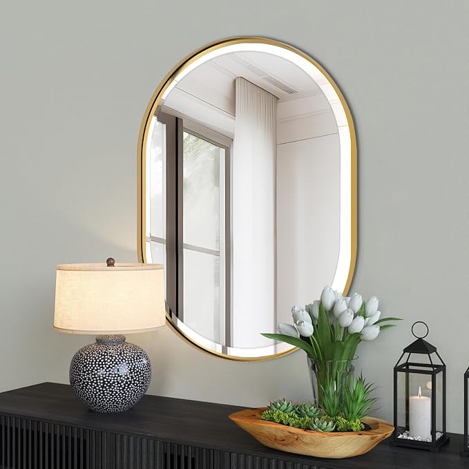 POZINO Oval Beveled Mirror, 22"x30" Brushed Gold Bathroom Vanity Mirror Over Sink, Pill Shaped Capsule Wall Mounted Mirrors for Living Room Bedroom Entryway, Hangs Vertically or Horizontally