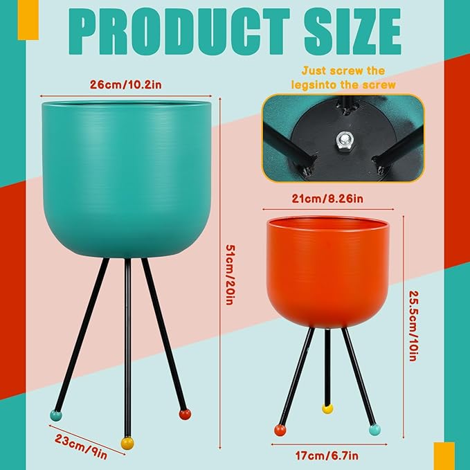 Frienda 2 Pack Mid Century Modern Decor Mid Century Modern Planter Metal Flowerpot with Stands Stylish Floor-Standing Flowerpot for Boho Home Office Indoor Outdoor Decor 20", 18" h(Orange, Blue)