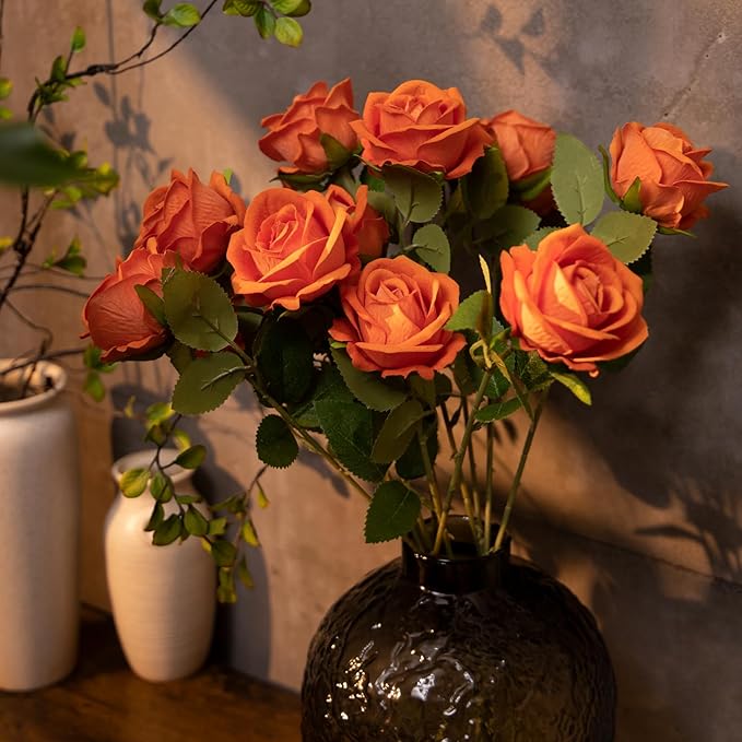 12 Pcs Artificial Rose Flowers, Silk Roses with Long Stems, Realistic Fake Roses for Wedding Centerpiece Party Home and Office DIY Decor, Orange
