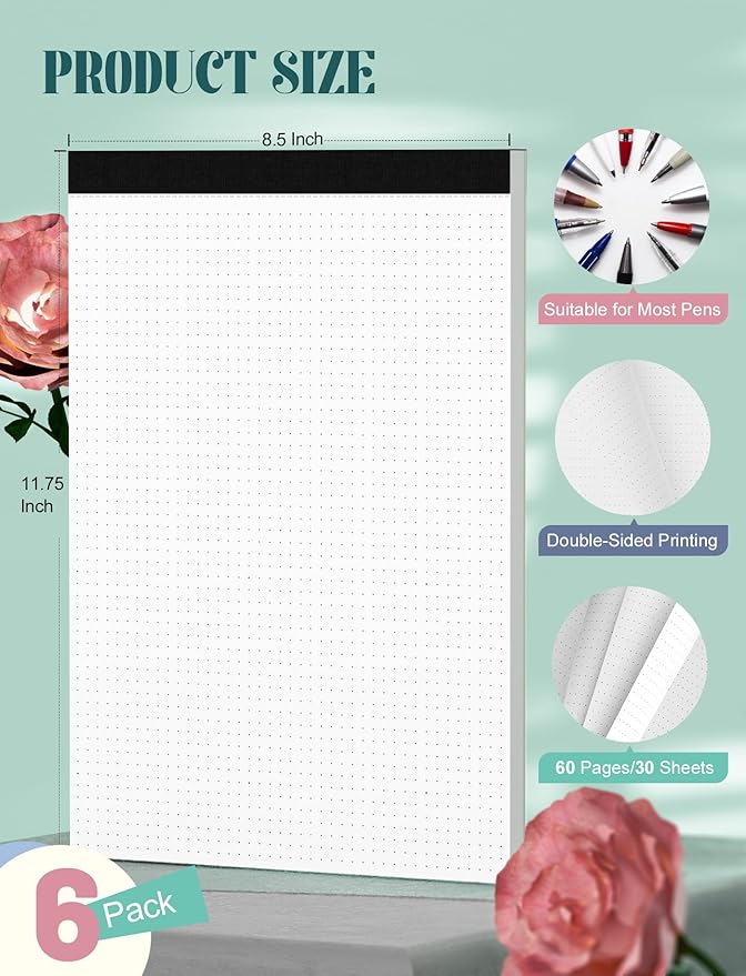 Zaviko Dotted Paper 8.5 x 11, 6 Pack Dot Grid Paper Pad, 30 Sheets Per Pad Dotted Journal Notepad 8.5 x 11, Easy Tear-Off 5x5 Dots Journal Paper Pads for Office, School