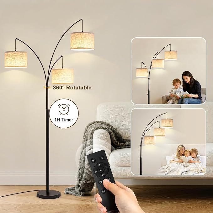 Netin Arc Floor Lamp with Remote, 3 Light Floor Lamp for Living Room Bright Lighting, 3 Color Temperature, Dimmable Tall Standing Lamp, Mid Century Tree Floor Lamp for Bedroom Office