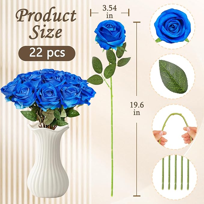 22 Pcs Artificial Roses - Realistic Velvet Flowers with Stems, Bulk Faux Roses for Home Wedding Party Decor (Blue)