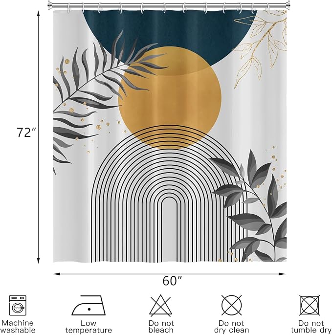 Boho Mid Century Shower Curtain, Orange Blue Modern Minimalist Abstract Geometric Gold Plant Leaves Arch Bathroom Curtains Waterproof Fabric Buthtub Curtain Set with Hooks 60" Wx72 L