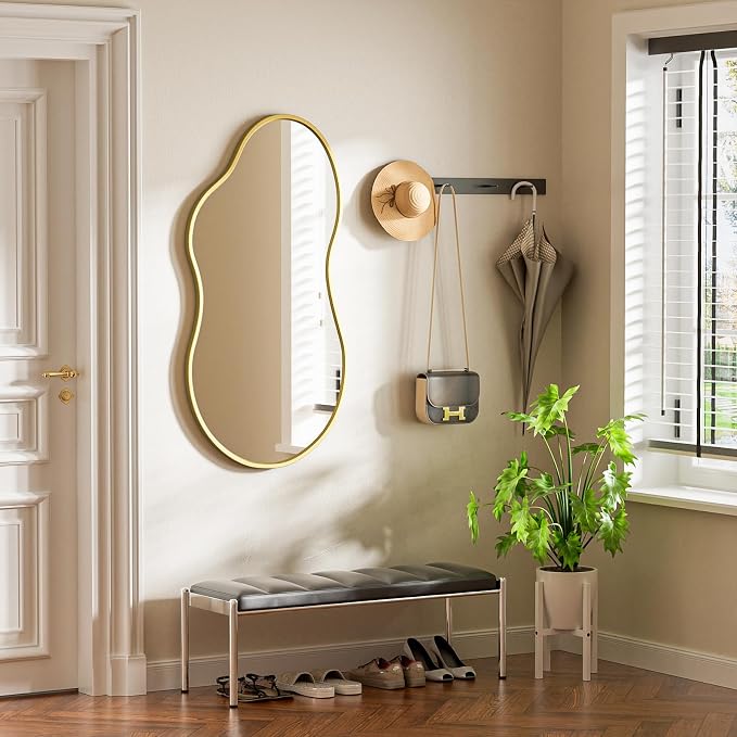 20”x 36” Gold Irregular Wall Mirror, Bathroom Asymmetrical Mirror, Metal Framed, Tempered Glass, Decorative Mirrors for Bathroom Bedroom Living Room Entryway (Horizontal/Vertical)