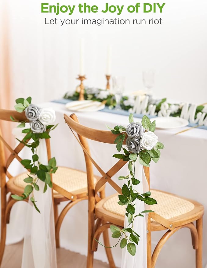 InnoGear Artificial Flowers, 50 Pcs White Foam Fake Roses Bulk with Stems for Decoration Celebration DIY Wedding Bouquets Centerpieces Bridal Shower Party Christmas Tree