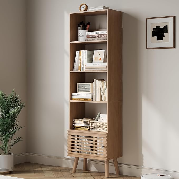 Open Shelf Cube Bookcase, 68" Tall Freestanding Bookshelf, Slatted Door Narrow Corner Bookcase with 5 Cubes, Mid-Century Modern Display Storage Cabinet for Living Room, Home Office, Oak